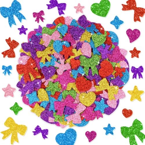 875PCS Glitter Foam Stickers, Colorful Heart & Star & Bow Stickers, Self-Adhesive Foam Stickers for Scrapbooking Card Making Birthday Party Classroom Decor Art Supplies (7 Colors)