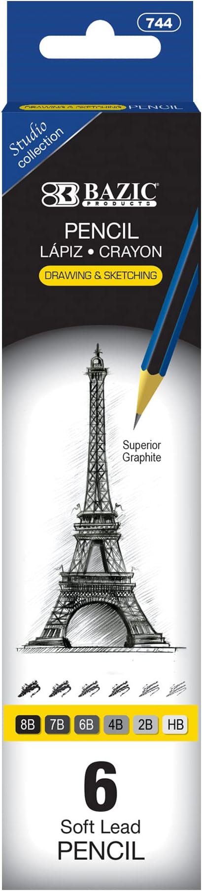 BAZIC PRODUCTS Drawing Sketching Pencils, 8B to HB Graphite, 6 Count | graphite grades 8B to HB, full tonal range, shading, blending, line work, fine art