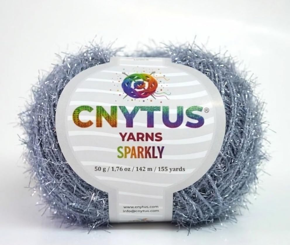 Sparkly Eyelash Fantasy Knitting Yarn | Metallic Lurex Nylon Short Eyelash Yarn | 50g (1.76oz) |140m(155 Yards) | Shiny Crochet Thread for Amigurumi & Decorative Projects (1, Grey)