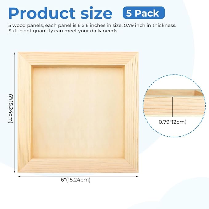 FSWCCK 5 Pack 6 x 6 inch Wood Panel Boards, Unfinished Wood Canvas Panels for Crafts, Painting Canvas, DIY Art Projects, Pouring, Arts Use with Oils, Acrylics