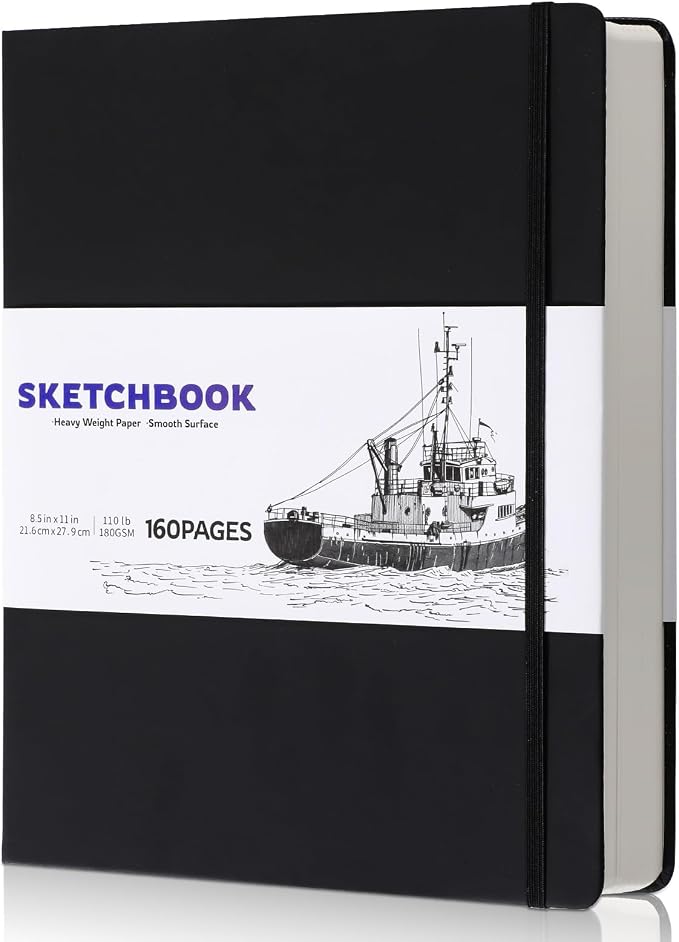 Hardcover Sketch Book 8.5 × 11 in, 180gsm, 80 Sheets, Black | Acid-Free Thick Paper, Marker And Pencil Friendly, Perforated Pages, Elastic Band, Back Pocket