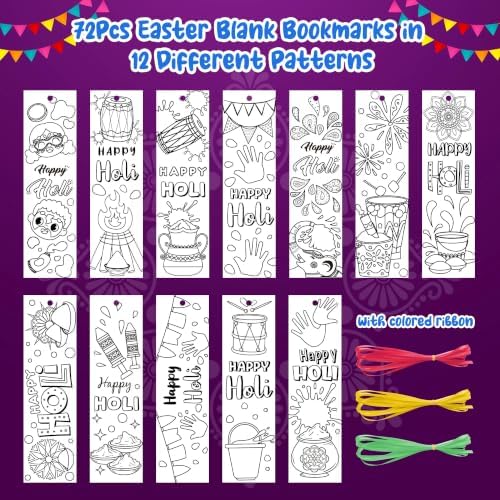 72Pcs Holi Color Your Own Bookmarks, Coloring Blank Bookmarks for Kids