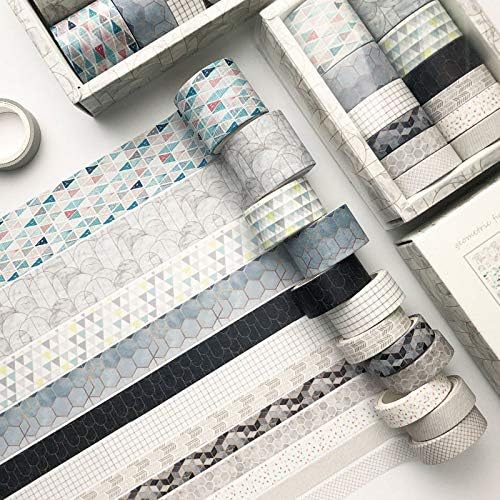 CooBigo Washi Tape Set, 12 Rolls 4 Size Decorative Masking Washi Tapes for Craft, Scrapbook, DIY, Planners, Gift Wrapping (Geometric Pattern)