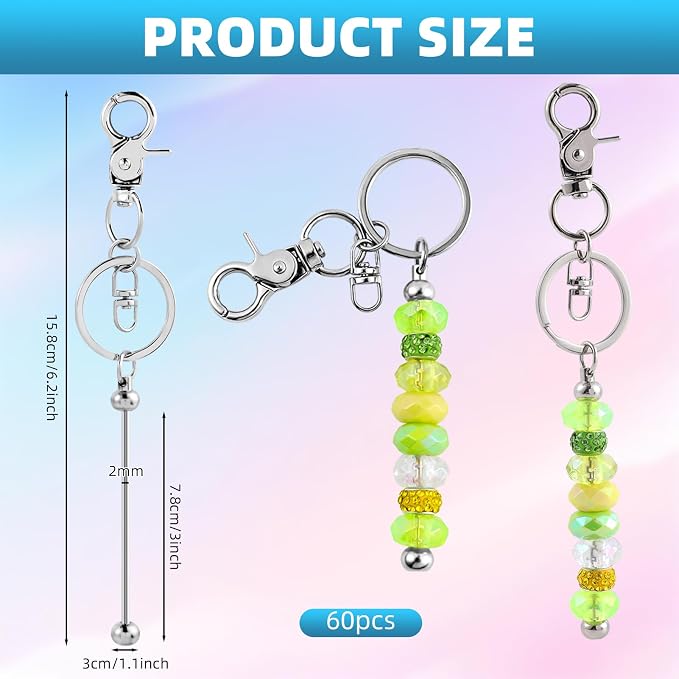 60 Pcs Beadable Keychains Bulk Kit – DIY Keychain Making Supplies with Metal Blanks for Crafts, Jewelry, Charms, Custom Projects – Blank Chain Bars for Beaded Keychain Design (Silver)
