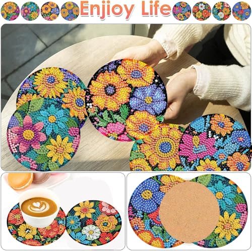 ijbnhd 8 Pcs Flowers Diamond Art Coasters with Holder
