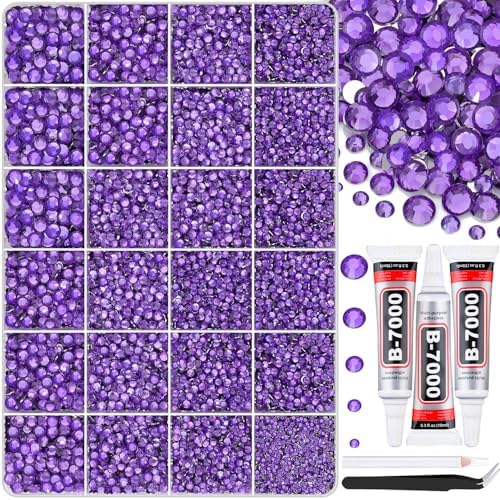 30000Pcs Dark Purple Rhinestones for Bedazzling with B7000 Jewelry Glue, Bedazzler Kit Bulk Flatback Gems, Resin Rhinestones for Crafting Crafts Clothing Shoes Nail Art Assorted Size 2/3/4/5/6mm