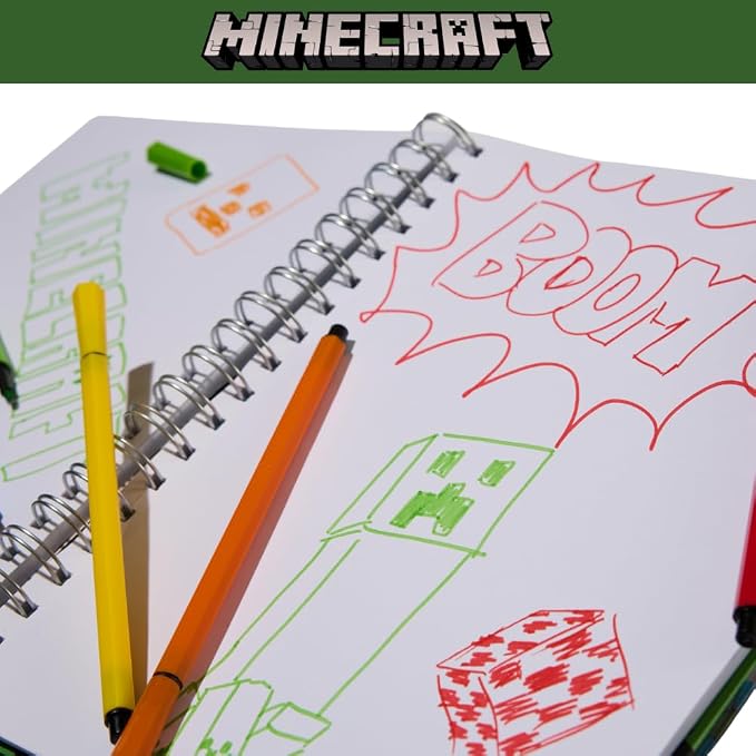 Minecraft Sketchbook Set, 5 Washable Markers, Spiral Bound, 86 Blank Pages