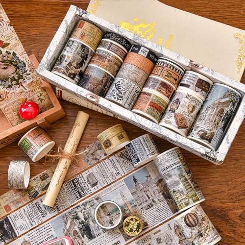 18 Rolls Vintage Washi Tape Pack Retro Arts Adhesive Tapes Wide Monologue Decorative Masking Tape Sets for Craft, Kids, Scrapbook, DIY, Gift Wrapping (Travel the World)