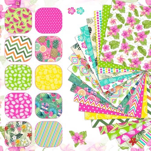 HunnmingRe 20 Pcs 10''x10'' Summer Tropical Quilting Fabric Square Pineapple Watermelon Precut Fabric Bundle Colorful Polka Dot Check Printed Patchwork for Holiday DIY Craft Sewing Material Supplies
