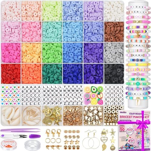Gionlion 24 Colors Clay Beads Friendship Bracelet Making Kit w/Charms | Preppy Heishi Beads Charms for Jewelry Making, DIY Crafts Gifts for Girls Ages 6-12, Cute Stuff for Teens Christmas Birthday