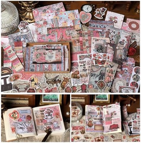 200PCS Vintage Scrapbooking Supplies Pack, Aesthetic Scrapbook Sticker Paper Art Journaling Kit for Junk Journals,Planner,Cottagecore Decor Gifts (Pink Retro Collection)