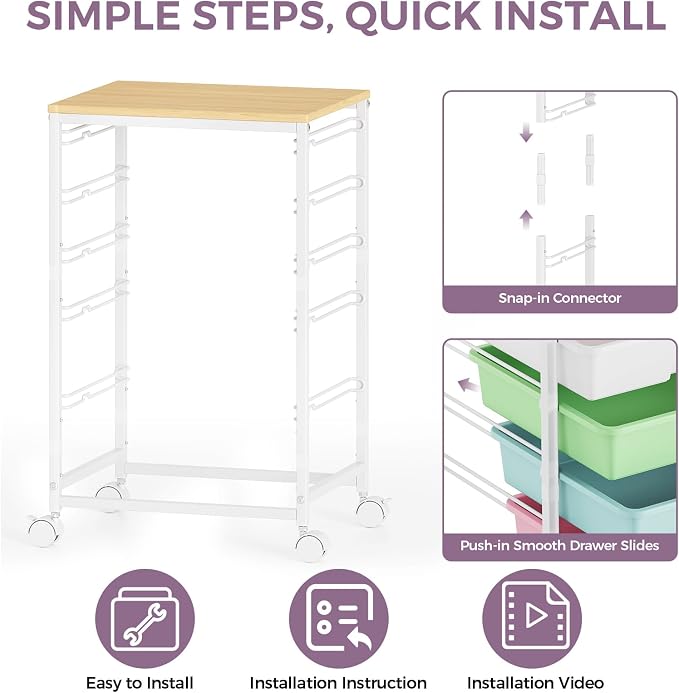 SYKIARIOL 5-Tier Rolling Cart with Drawers with Wooden Top, Ice Cream | Mobile Craft Storage Drawer Cart Trolley for Home Office, Classroom, Craft Room & Kid Room