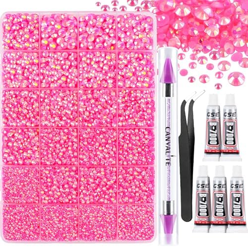 Canvalite 25000PCS Resin Jelly Rhinestones for Crafting,Hot Pink AB Flatback Gems, Bedazzling Crystal with 5x2.5g B7000 Jewelry Glue and Tweezers Dotting Pen for DIY Crafts Clothing Shoes Nail Art
