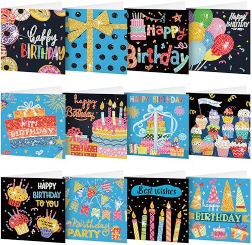 Saillong 12 Pack Black Happy Birthday Diamond Art Card with Envelopes