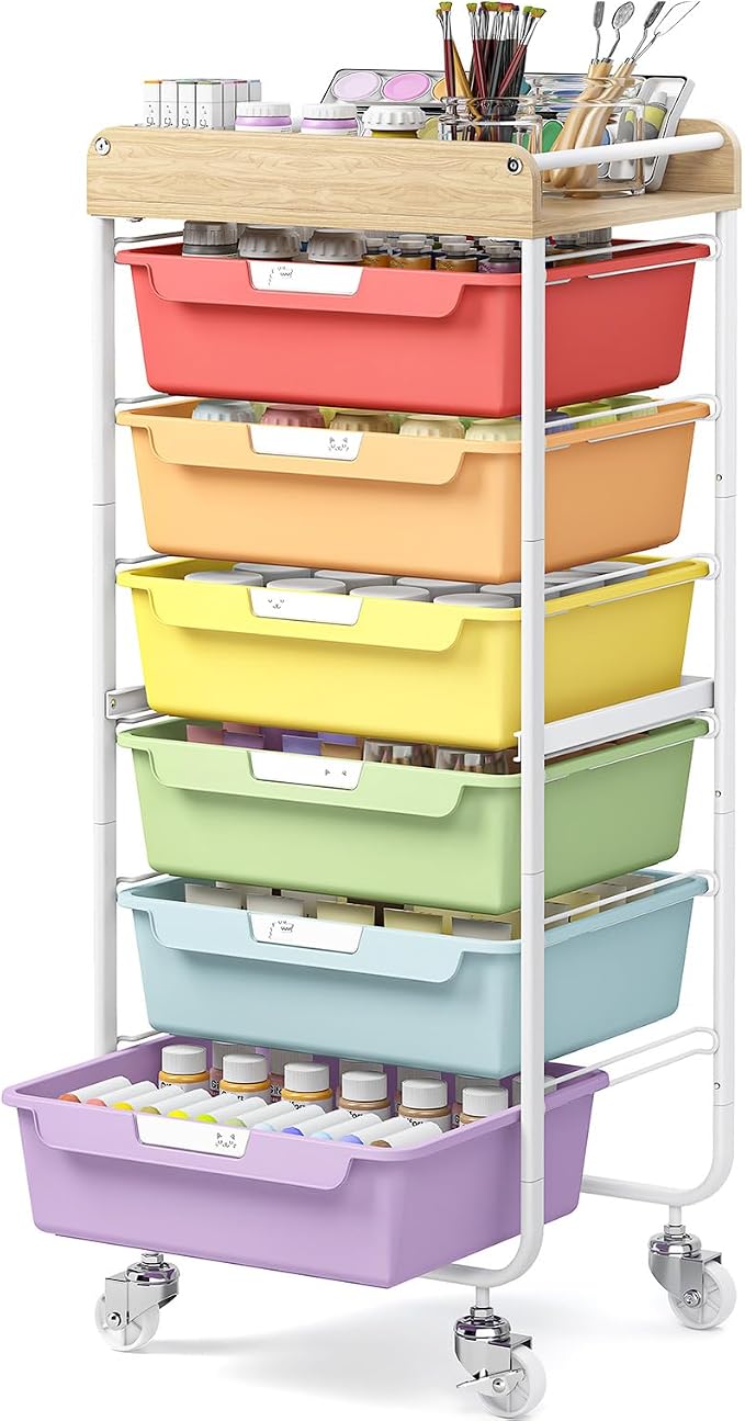 SYKIARIOL Utility Storage Cart with Jelly Bean Color Drawer for Classroom | Rolling Cart with Labeling 6 Drawers, for Kids Room, Dorm, School, Storage Study Arts Craft Sewing Supplies Organizers