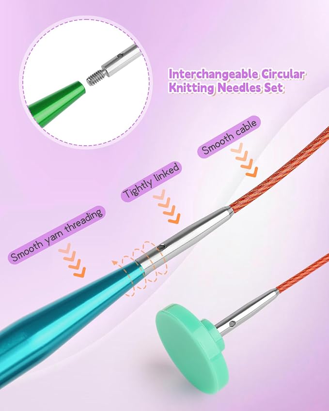 Aeelike 13 Pair Interchangeable Circular Knitting Needles 3-10 mm, Purple | Aluminum Interchangeable Knitting Needles with 4 Cables, Smooth Complete Needles Set for Socks Blankets Sweaters, Ideal Gift