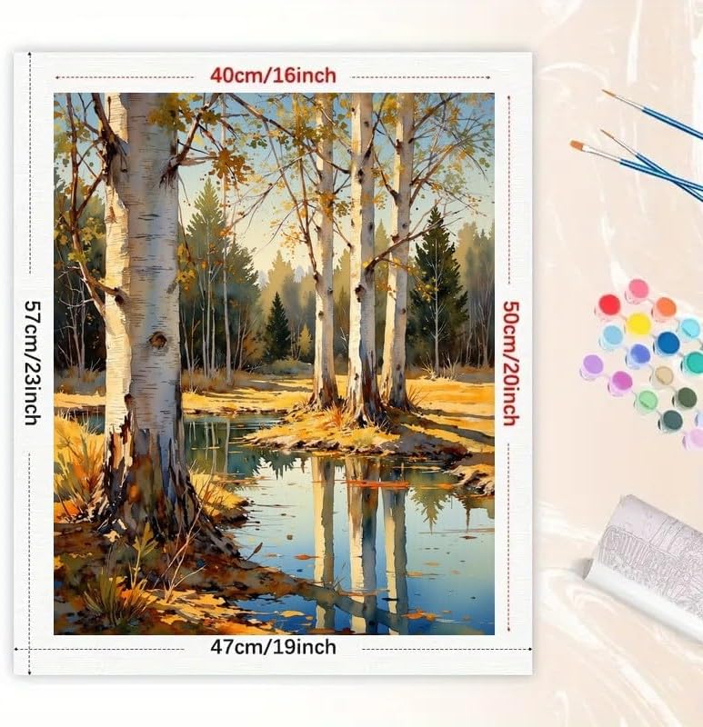 TAOPAOLAB Nature Scene Paint by Numbers Kit for Adults - DIY Autumn Birch Trees by Pond Painting on Canvas 16x20 Inches, Acrylic Paint Set, Suitable for Beginners, Art for Home Decoration or Gifts