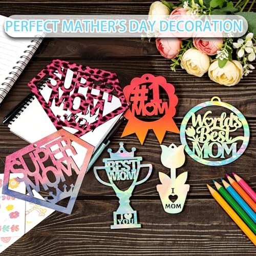 Mom Gift 40Pcs 5 Style Unfinished Wooden Mother's Day Ornaments DIY Craft Mother Birthday Present Paintable Blank Natural Mum Cutouts Hanging Wood Slices for Kids Art Crafts DIY Gift for Mom