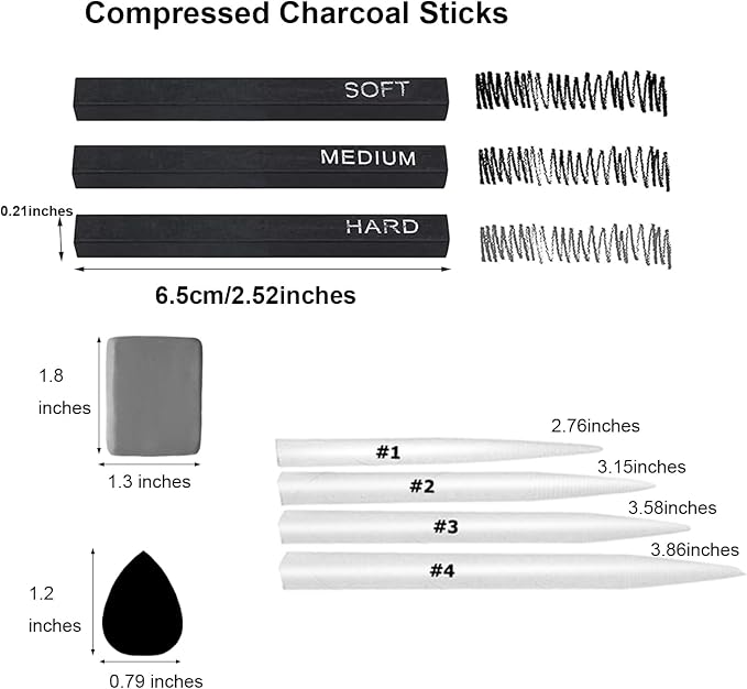 46 PCS Blending Stumps and Tortillions with Charcoal Stick | Sandpaper Pencil Sharpener Pointer, Compressed Charcoal Sticks, For Student Artist Sketch Drawing Shading