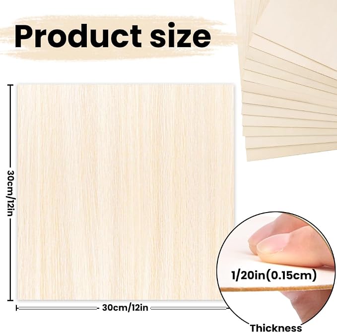 12 Pack Basswood Sheets 12 x 12 x 1/16 Inch Thin Wood Sheets for Crafts