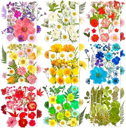 MIKIYA 182Pcs Dried Pressed Flowers for Resin Molds, Assorted Real Natural Bulk Dry Floral Leaves for DIY Art Crafts, Epoxy Jewelry, Candle, Soap Making, Nails Decors Gifts