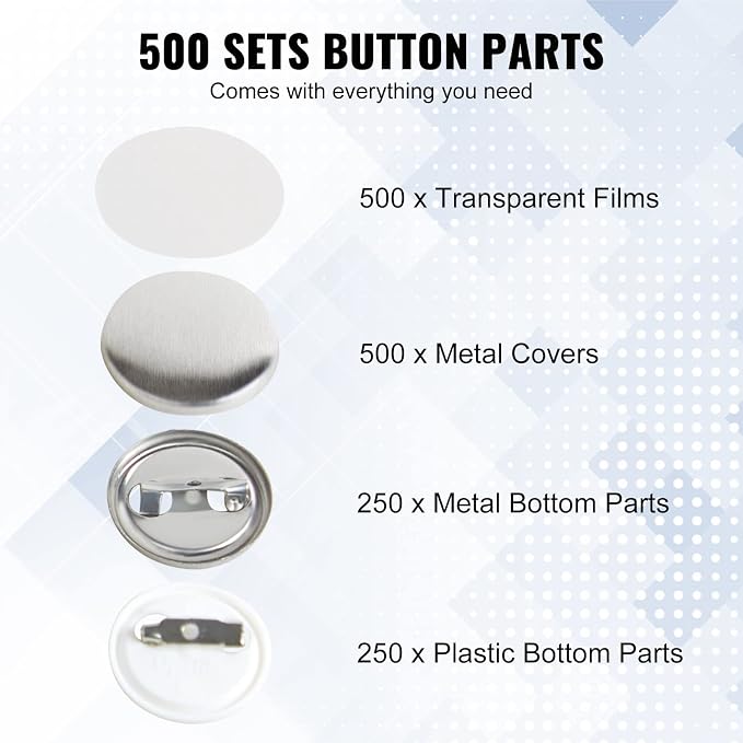 VEVOR 500 Sets 1 inch 25mm Pin Back Button Parts for Button Maker Machine, DIY Round Button Badge Parts, Set Includes Metal Top, Plastic/Metal Button, Clear Film, and Blank Paper for Gifts Presents