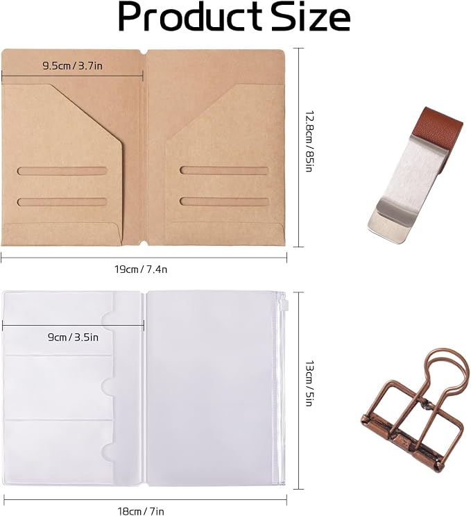 Passport Size Travelers Notebook Accessories Kit - All-in-One Set with Kraft Folder, PVC Zipper Case, Pen Holder, Binder Clip & 2 Elastic Bands for Travel Journal, Daily Use (Kraft, Passport Size 2 PC)