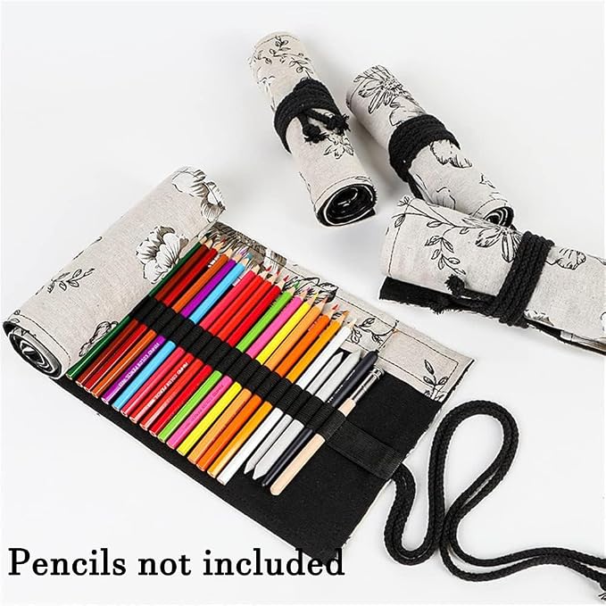 DIYOMR 24/36/72 Slots Pencil Wrap Pencil Rolls, Artist Colored Pencils Roll Up Bag Short Brushes Pouch Case Pencils Organizer for Drawing Coloring and Sketching,No Pencils (Peony Flower, 24slots)