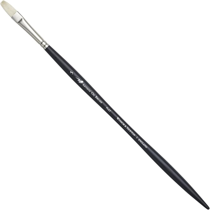 Winsor & Newton Artists' Oil Hog Paint Brush, Long Handle Size 5, Flat | Handcrafted with interlocked Chungking bristles; Have spring, stiff, & flagged allowing large amounts of colour to be carried