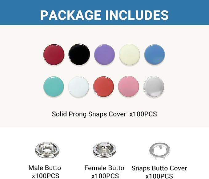 100 Sets Metal Snap Buttons Kit, 9.5mm Sewing Snaps in 10 Colors for Fabric, Clothing, Leather, Bags and DIY Crafting, Durable Prong Snap Fasteners (400 PCS)