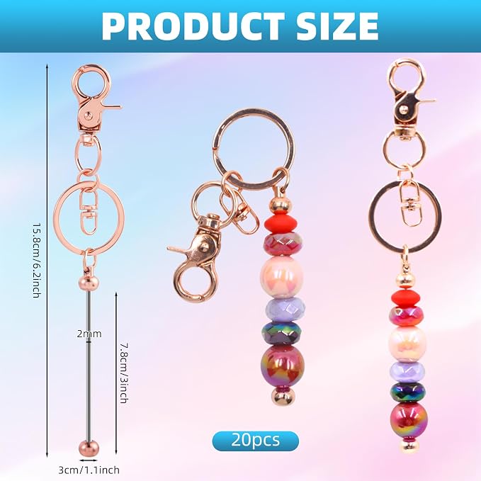 20 Pcs Beadable Keychains Bulk Kit – DIY Keychain Making Supplies with Metal Blanks for Crafts, Jewelry, Charms, Custom Projects – Blank Chain Bars for Beaded Keychain Design (Rose Gold)