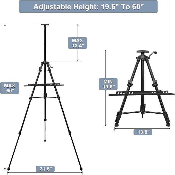 Easel Stand, 20" to 61" Adjustable Artist Easel for Adults, Aluminum Tripod Canvas Stand with Tray, Portable Painting Easel for Tabletop & Floor Displaying, Black