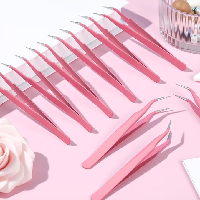 Honoson 9 Pcs Curved Pointed Craft Tweezers Precision Tweezer,Pink
