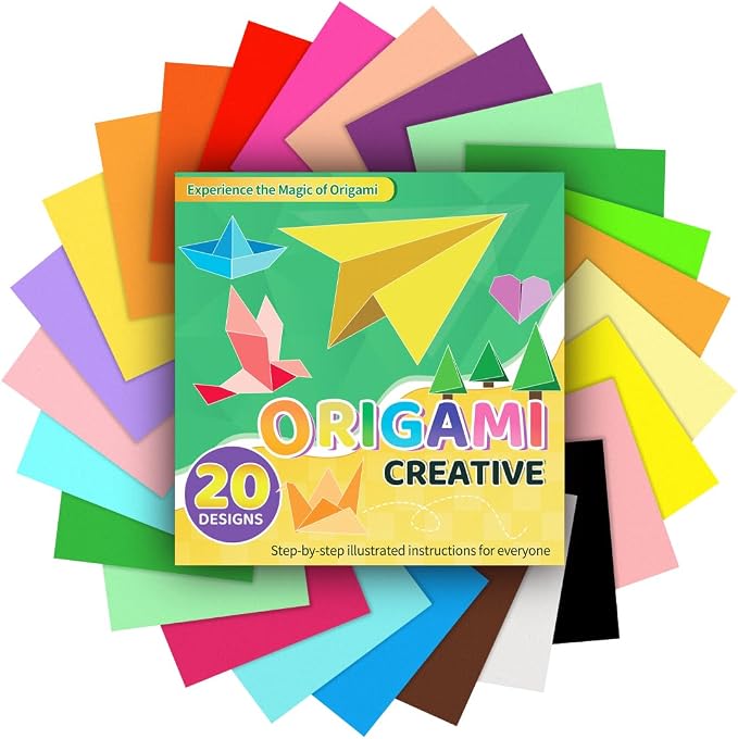 IOOLEEM Origami Paper Kit, 500 Sheets 20 Colors, Double Sided Colored Blank Folding Paper Set with Step-by-Step Instructions, Origami Kit for Art & Craft Supplies