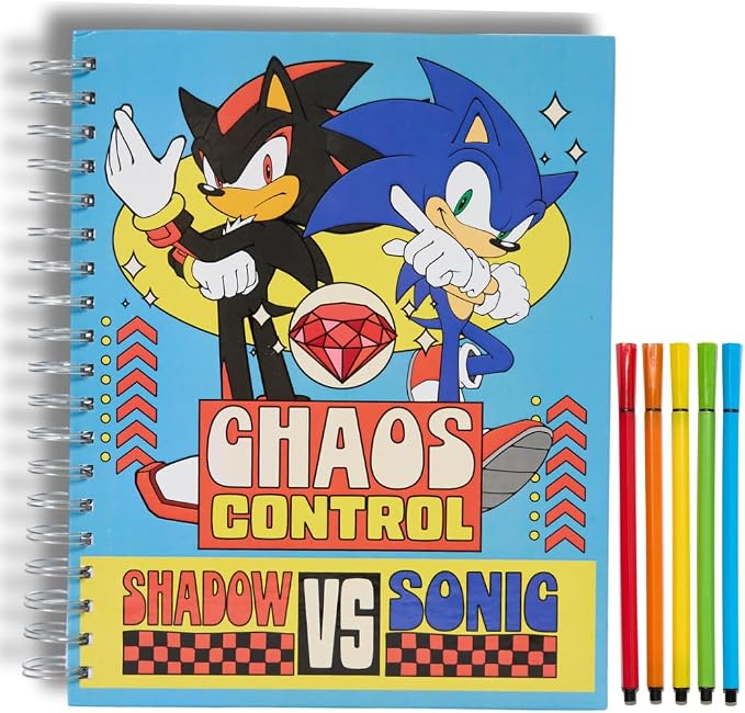 Sonic The Hedgehog Sketchbook for Kids with Washable Markers, 86 Blank Pages Spiral Bound, Sonic and Shadow