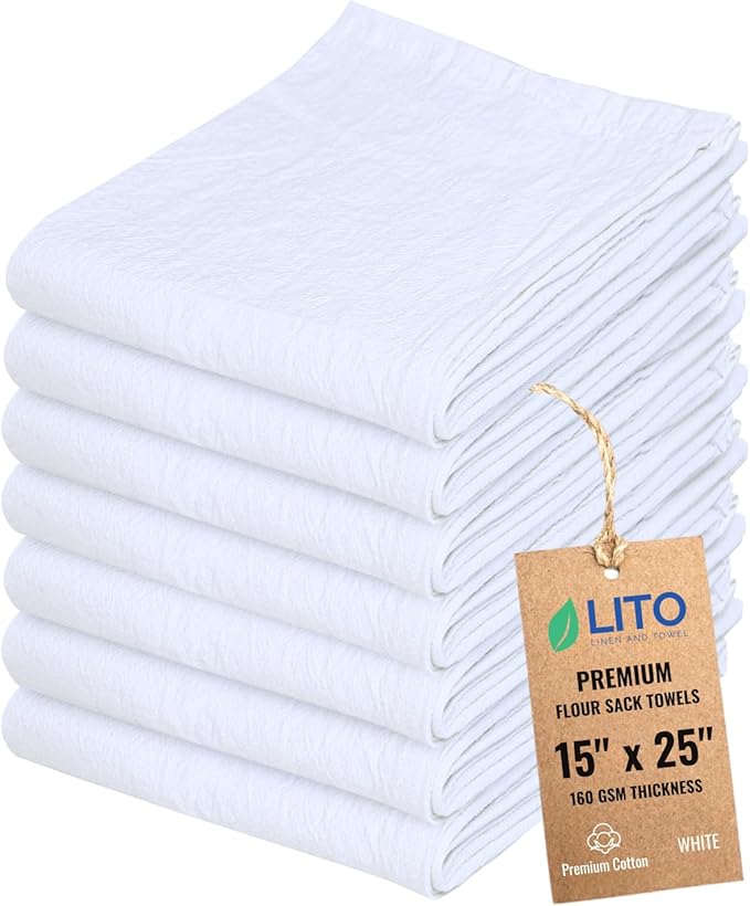 Flour Sack Towels | Tea Towel for Crafts| Kitchen Dish Cotton Blank Towel for Embroidery| Baking Bread Proofing Linen Cover| Thick Absorbent Quick Dry| 7 Pack 15"x 25" White