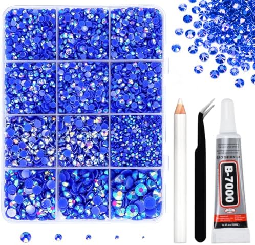 10000PCS Blue AB Rhinestones Bedazzling Gems 2/3/4/5/6MM Mix Sizes Resin Jelly Bedazzler Kit Flatback with Complete Tools for DIY, Nail, Art Craft for Girls Gift
