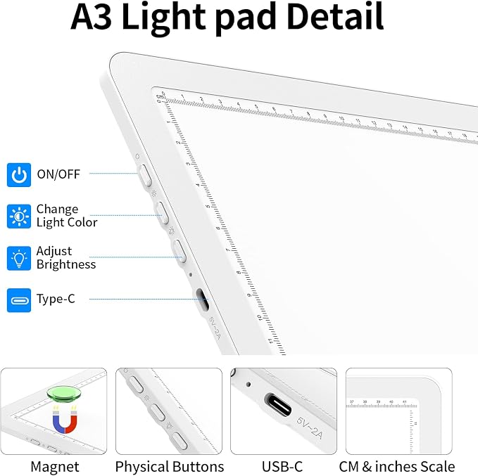 TOHETO A3 Light Board with Bag for Diamond Painting, Super Bright Magnetic Light Pad with Side Buttons, Lightbox for Tracing and Drawing, Corded Light Table for Sketching, Weeding Vinyl (White)
