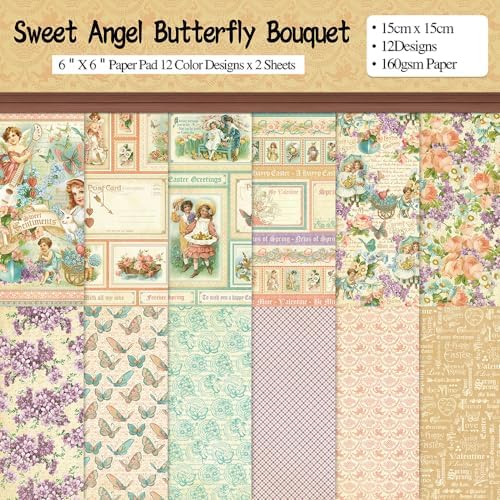 6x6" Cardstock Single Sided Scrapbooking,Craft Decorative Scrap Book Paper | 160gsm,24-Sheet 12Patterns Colored Paper,Junk Journal Supplies,Vivid Origami Papers DIY Craft Gift Wrapping Album.Ange