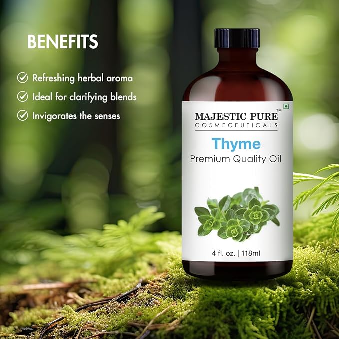 Majestic Pure Thyme Essential Oil for Diffuser - 4 Fl Oz | 100% Pure & Natural Essentials Oils for Humidifier, Air Freshening, Cleaning Home, Bath, spa-inspired self-care routines