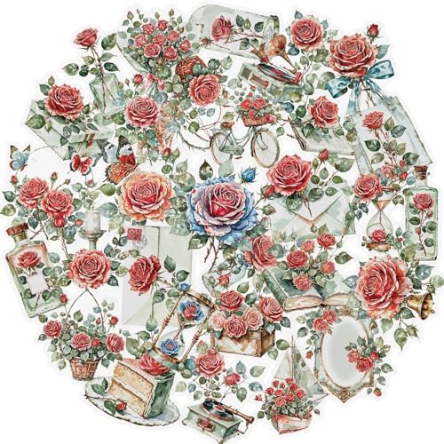56PCS Vintage Rose Clear Stickers Pack, Watercolor Floral Scrapbook Stickers, Red Flower Aesthetic Decals for Journaling, Planner, Valentine's Day Crafts, Collage Decoration