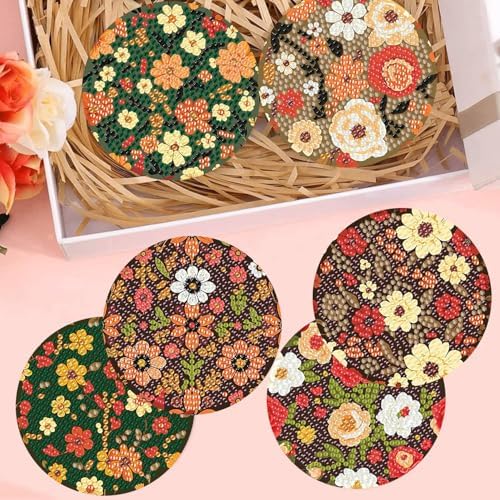 Meothan 8 Pcs Floral Diamond Art Coasters Kit for Adults with Holder 4x4in