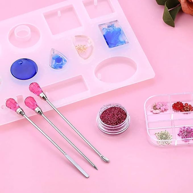 11 Pcs Silicone Resin Mold Tools Set Stirring Needle Spoon Tool Tweezers Precision Kit, Anti-Static Electronics Tweezers Set for Resin Art Crafts,Jewelry Making,DIY Epoxy Casting Molds-Rose Red & Pink