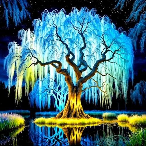 Blue Tree Diamond Art Kits for Adults, 5D Diamond Painting for Adult Beginners, DIY Full Drill Round Gem Painting Dot Art for Adults，Home Wall Decor 13.78x13.78 Inch