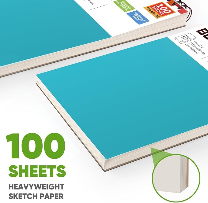 Soucolor Sketchbook 9x12, 100 Sheets Drawing Pad,Art Sketch Book for School | 68lb acid-free paper,No bleed-through,Lay-flat top spiral,Micro-perforated,for kids,Students & Back to School.All dry media
