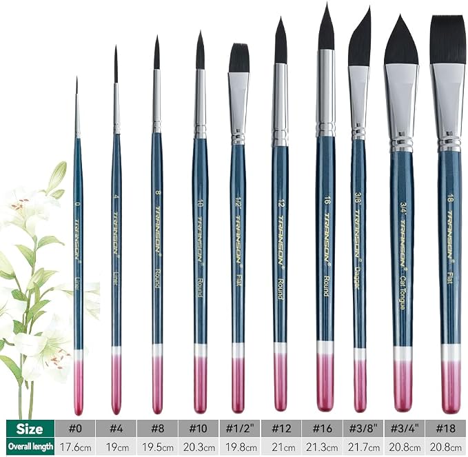 Transon 10pcs Natural Watercolor Paint Brush Set Professional for Watercolor Acrylic Ink Gouache Tempera Blue Color