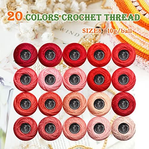 Soft 20 Colors Classic Crochet Thread 20 Pack,100% Cotton (Victory Red-3713-498)