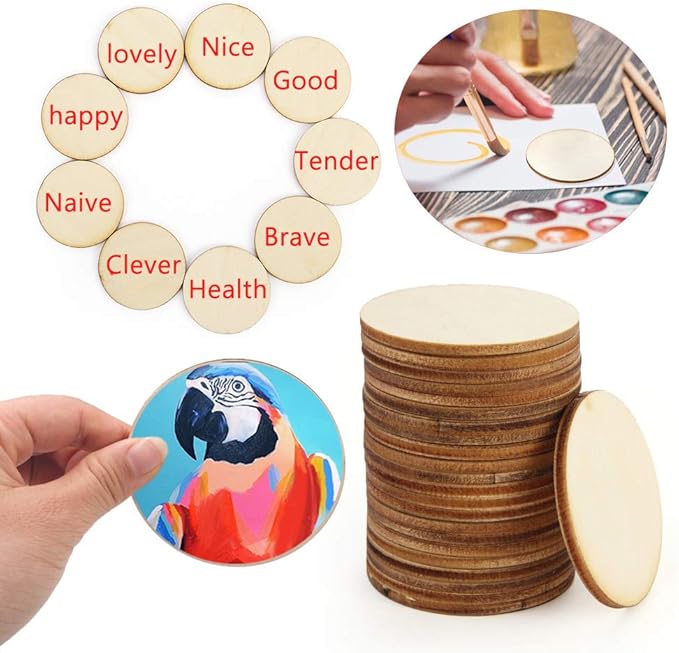 25 Pcs 4 Inch Wood Circles, Unfinished Wooden Circles Round Disc