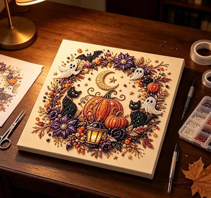 Halloween Ghost Pearl Art DIY Kit, Pearl Painting Kits for Adults, Pearls Diamond Art, Spooky-Cute Design, Fall Home Decor, Wall Art, Adults Craft Kit, 3D DIY Pearl Painting (Pumpkin Cat)