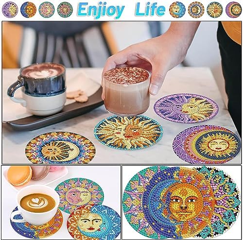 8 Pcs Sun and Moon Diamond Art Coasters Kit for Adults with Holder 4x4in